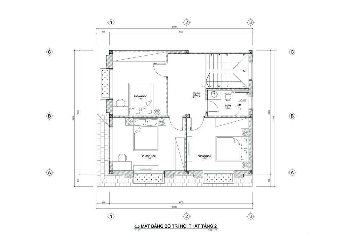 T2 mẫu nhà 3 tầng 70m2 đẹp