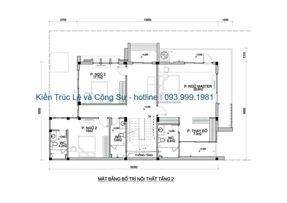 Mặt bằng công năng sử dụng tầng 2 nhà 3 tầng hiện đại