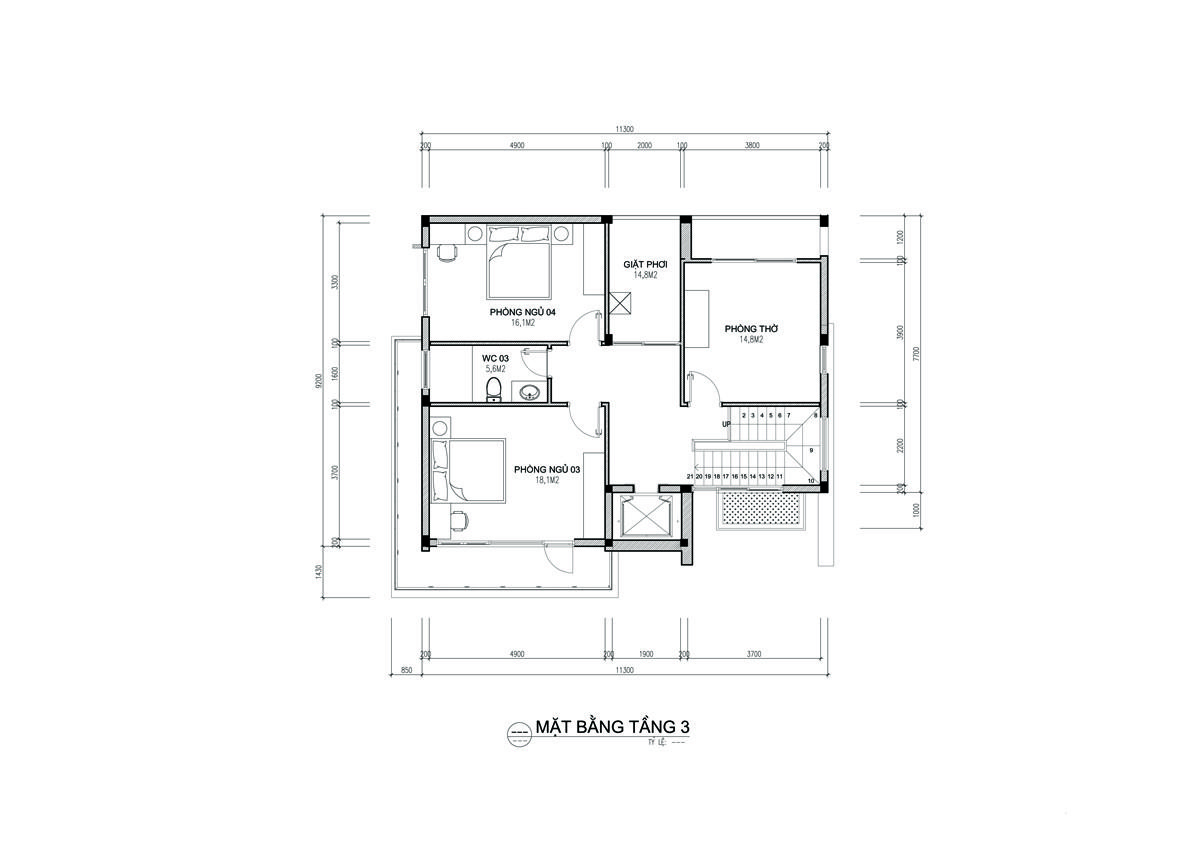 Mặt bằng t3 nhà 3 tầng 9x12m