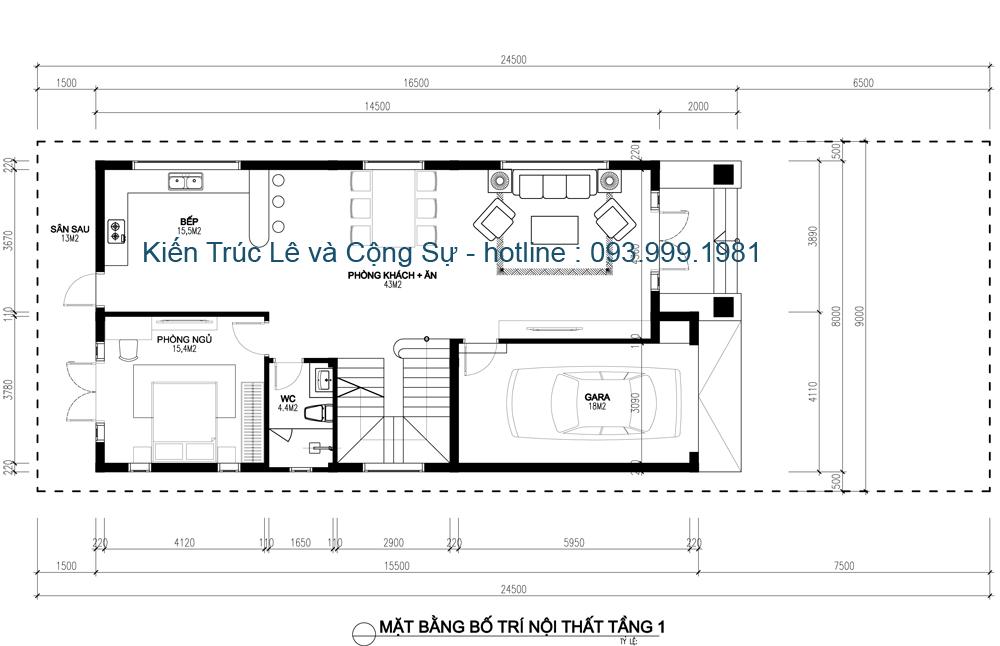 Mặt bằng tầng 1 nhà biệt thự 3 tầng tân cổ điển đẹp