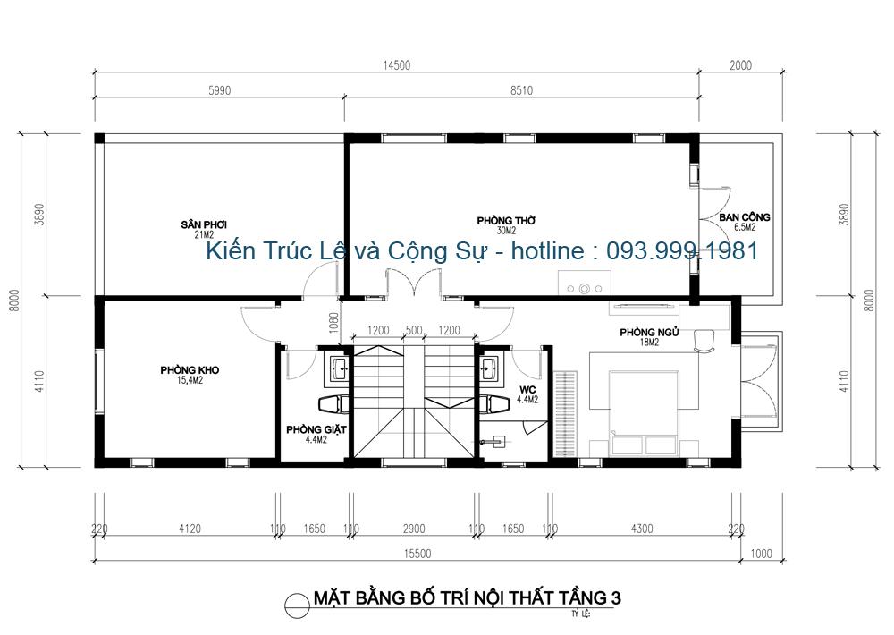 Mặt bằng tầng 3 nhà biệt thự 3 tầng tân cổ điển đẹp