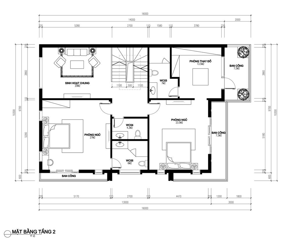 mặt bằng công năng tầng 2 nhà 3 tầng 140m2 đẹp