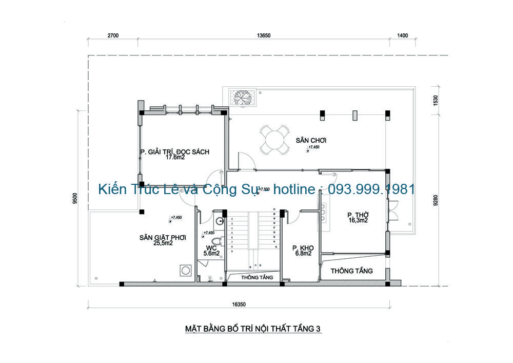 Mặt bằng công năng sử dụng tầng 3 nhà 3 tầng hiện đại