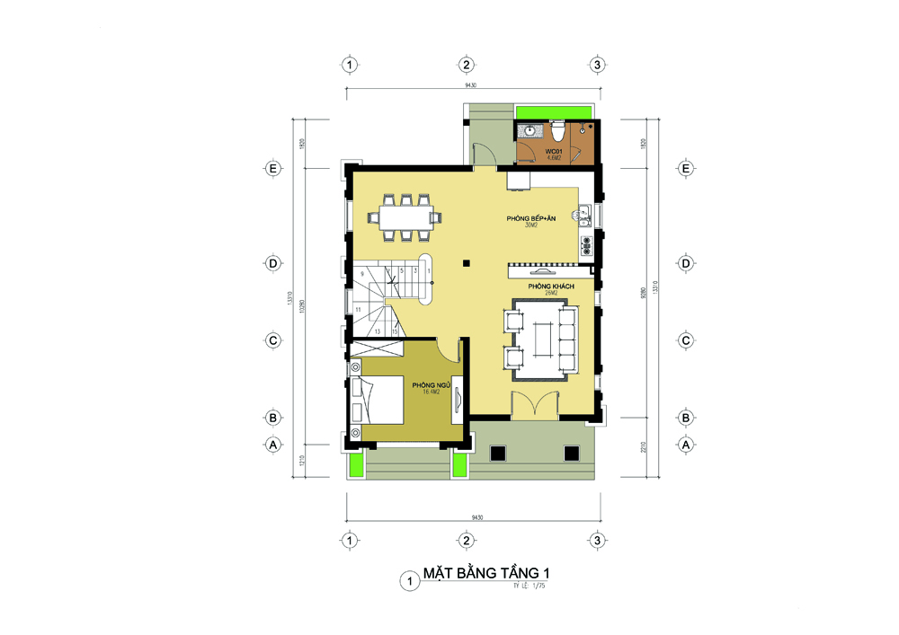 Mặt bằng tầng 1 nhà 3 tầng 120m2
