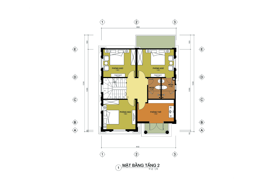 Mặt bằng tầng 2 nhà 3 tầng 120m2