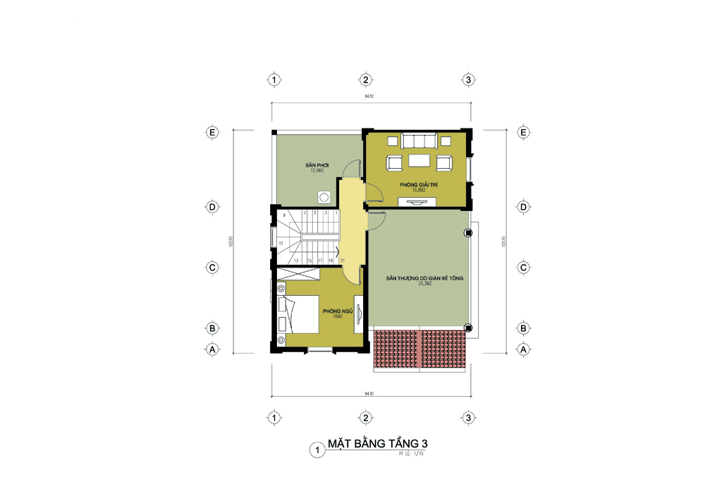 Mặt bằng tầng 3 nhà 3 tầng 120m2