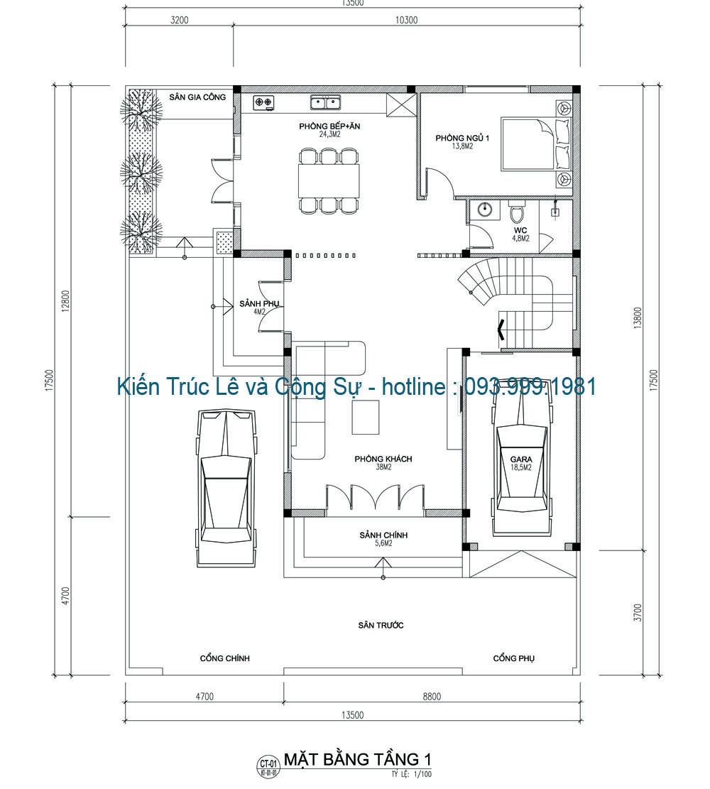 Thiết kế biệt thự 120m2 3 tầng mặt bằng tầng 1