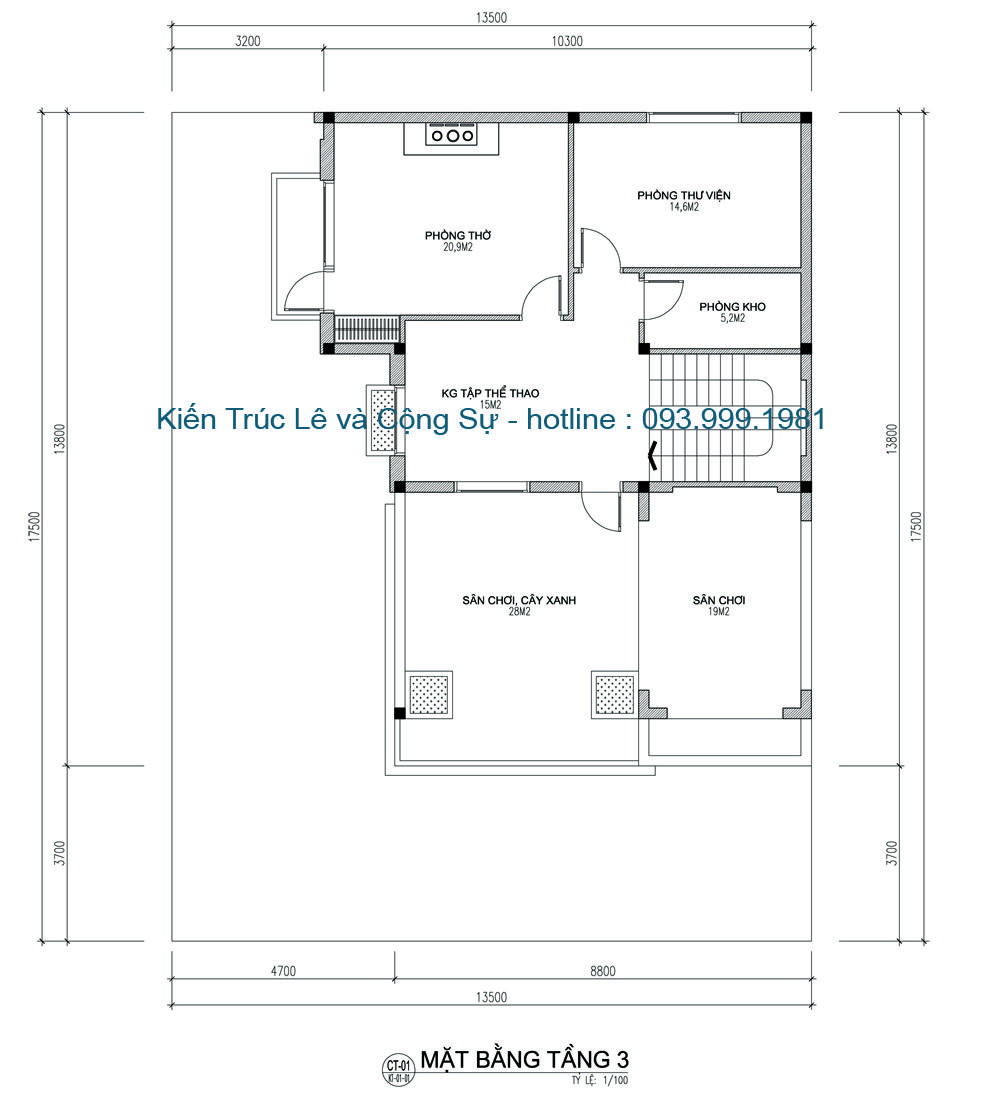 Thiết kế nhà 3 tầng 120m2 đẹp mặt bằng tầng 3