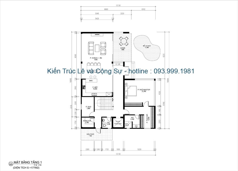 Bản vẽ bố trí công năng tầng 1 nhà biệt thự 2 tầng mái bằng