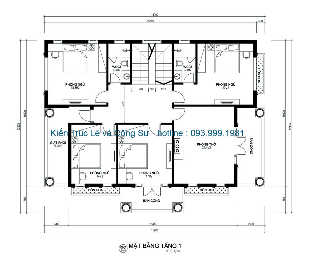 Bản vẽ Tầng 1 biệt thự 2 tầng tân cổ điển