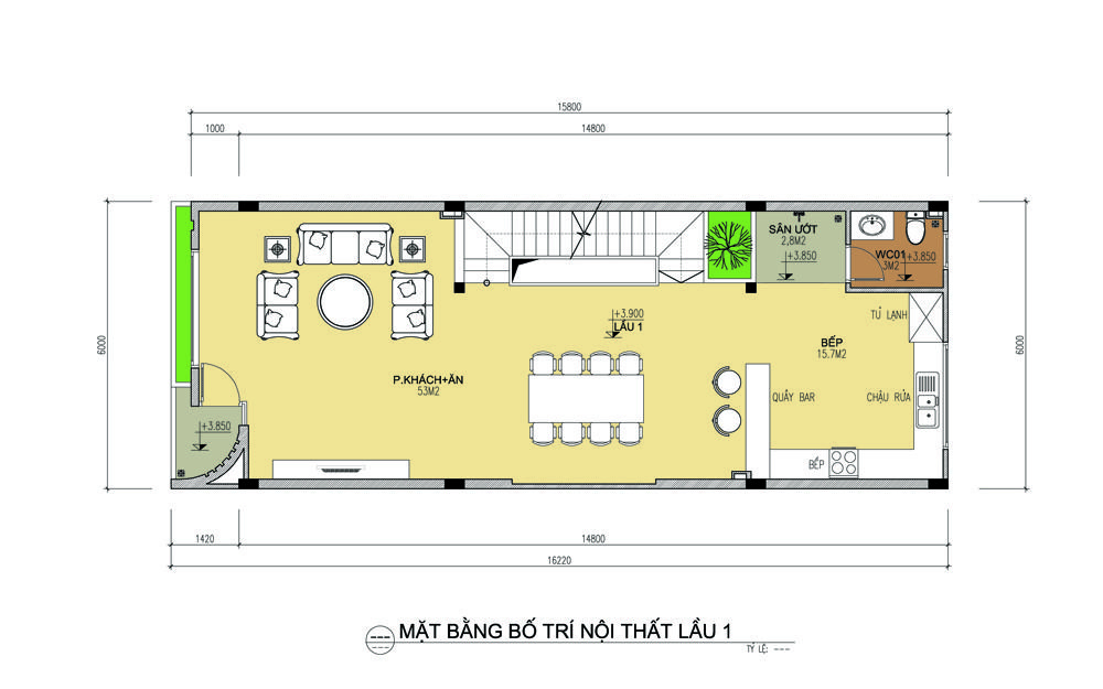 Mặt bằng t1 nhà phố 4 tầng mặt tiền 6m