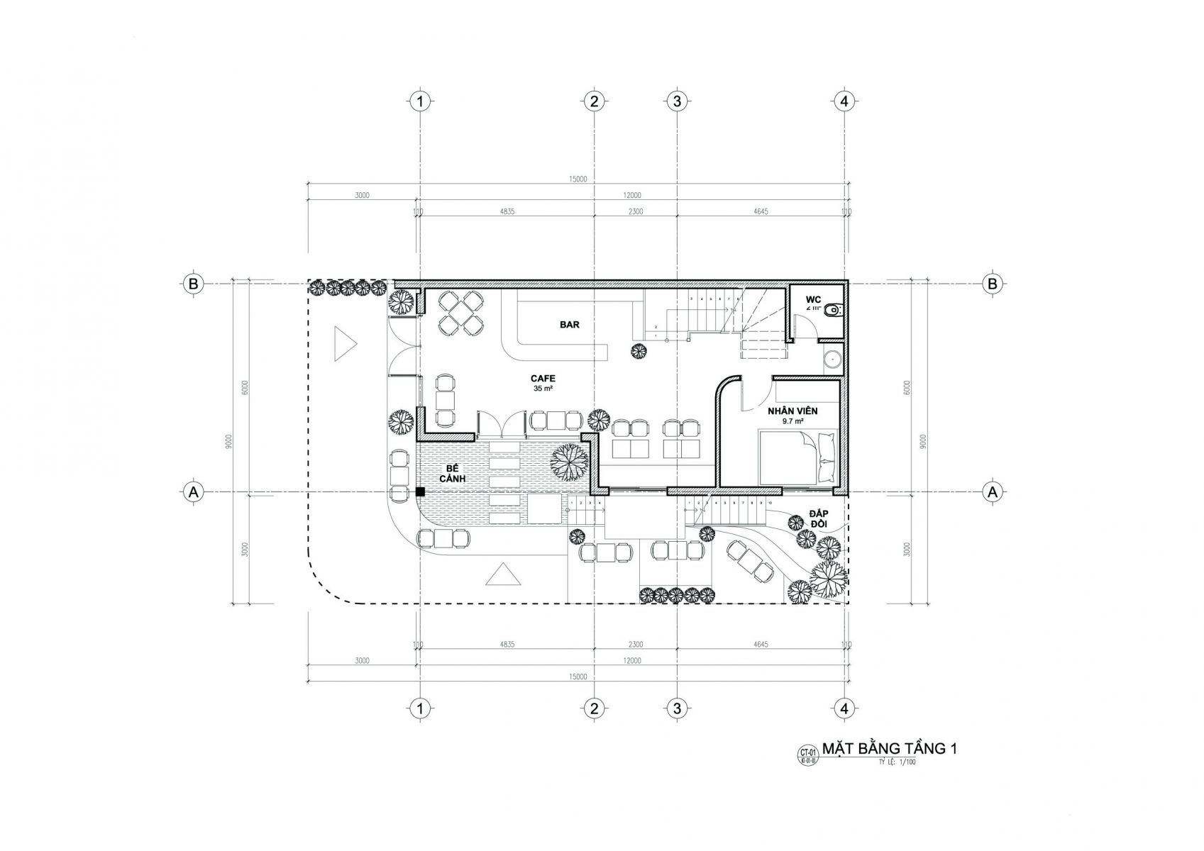 Mặt bằng tầng 1 nhà 6x12m 4 tầng