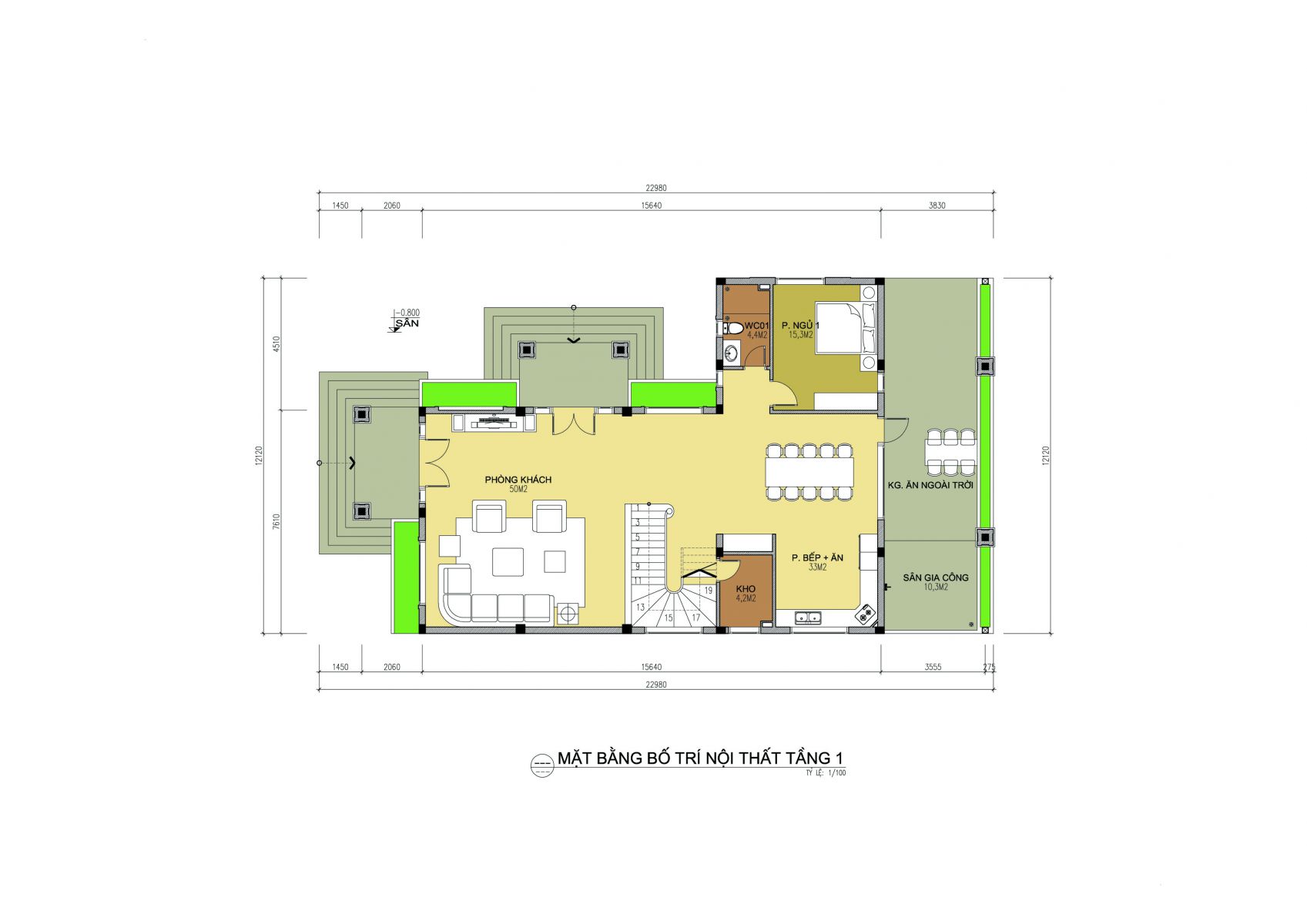 Bản vẽ mặt bằng tầng 1 nhà 2 tầng 150m2 mái thái đẹp
