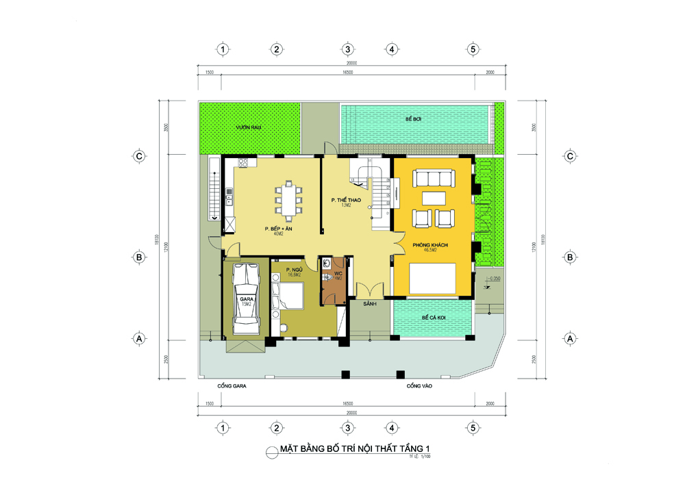 Bản vẽ bố trí mặt bằng tầng 1 nhà 2 tầng 200m2