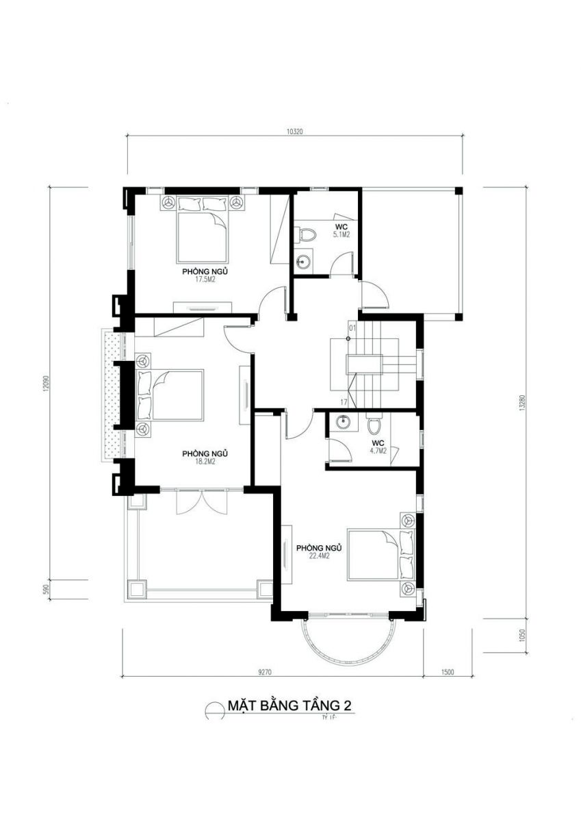 Bản vẽ bố trí mặt bằng công năng tầng 2 nhà 2 tầng 10x12m