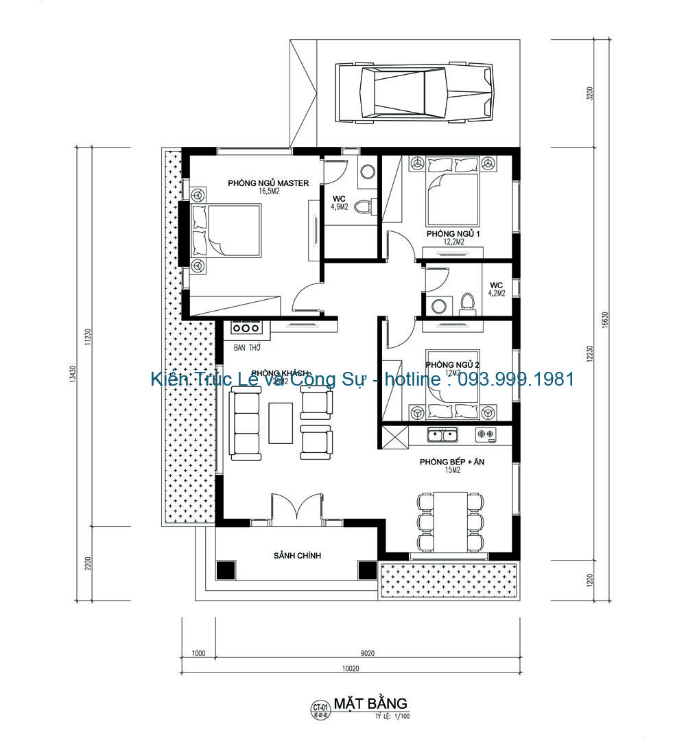 Bản vẽ nhà mái thái 1 tầng 3 phòng ngủ