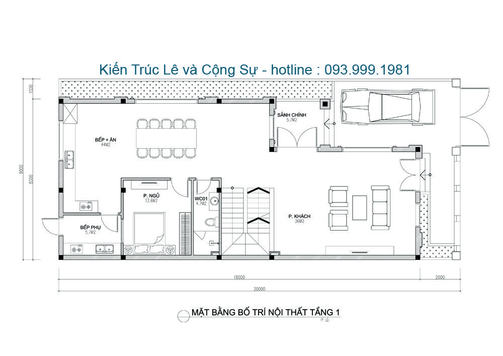 Bản vẽ tầng 1 nhà 2 tầng 8x18m đẹp