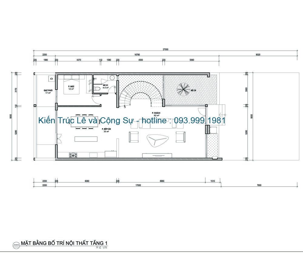 Bản vẽ bố trí công năng t1 nhà 2 tầng 9x19m hiện đại
