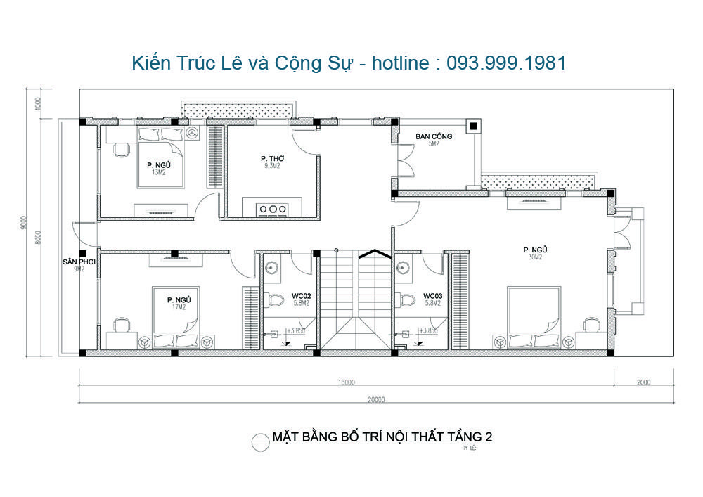 Bản vẽ tầng 2 nhà 2 tầng 8x18m