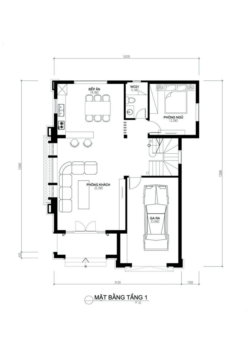 Bản vẽ bố trí mặt bằng công năng tầng 1 nhà 2 tầng 10x12m