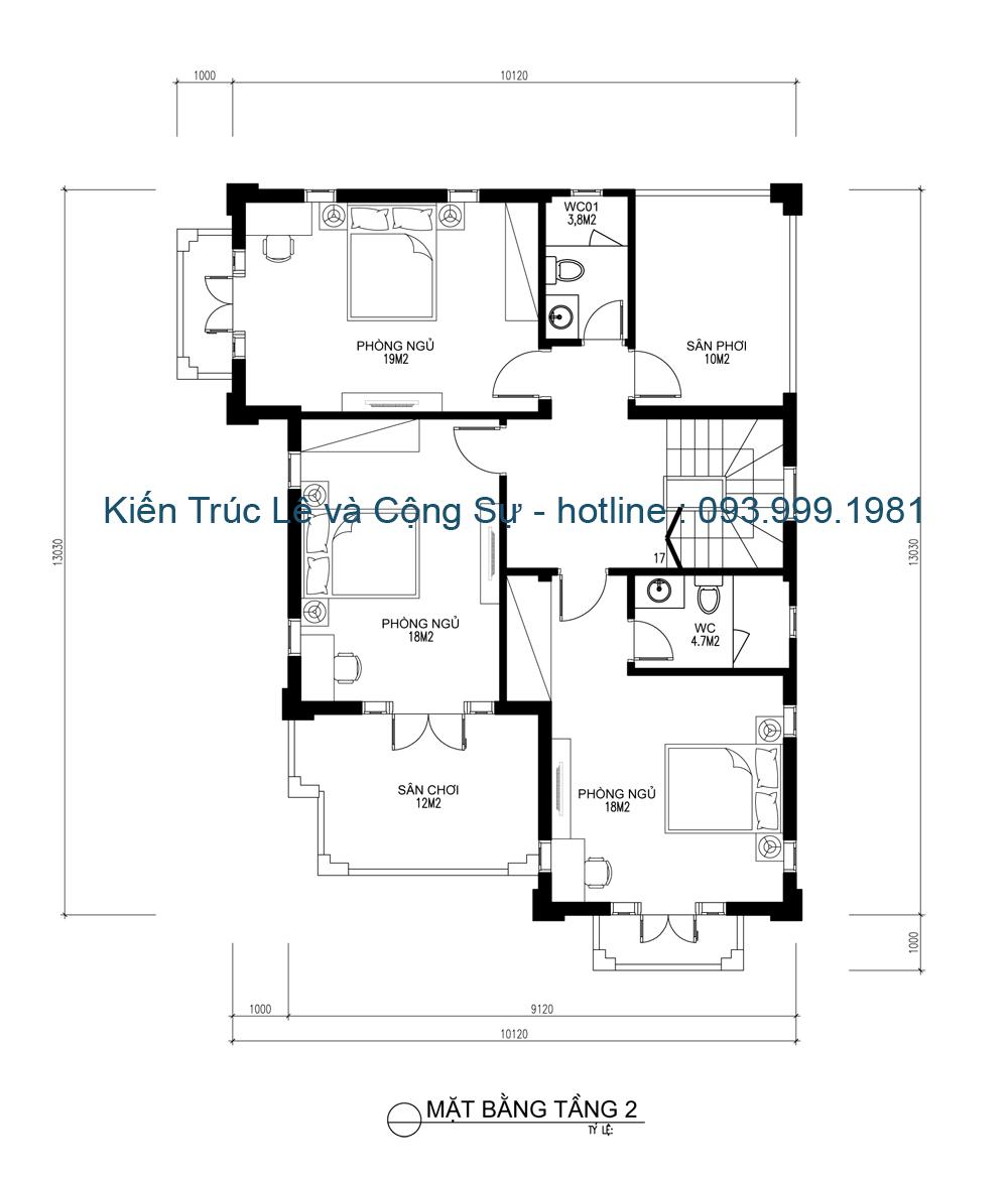 Bản vẽ thiết kế nhà 2 tầng 4 phòng ngủ tầng 2