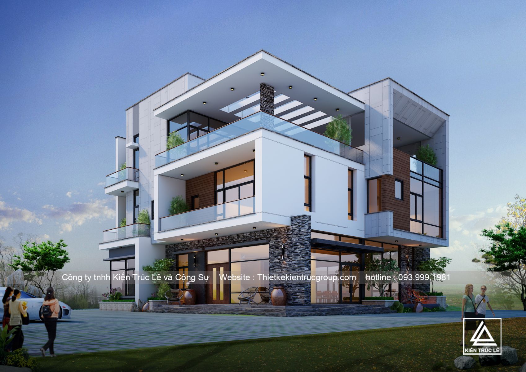 Biệt thự vuông 3 tầng mái bằng hiện đại