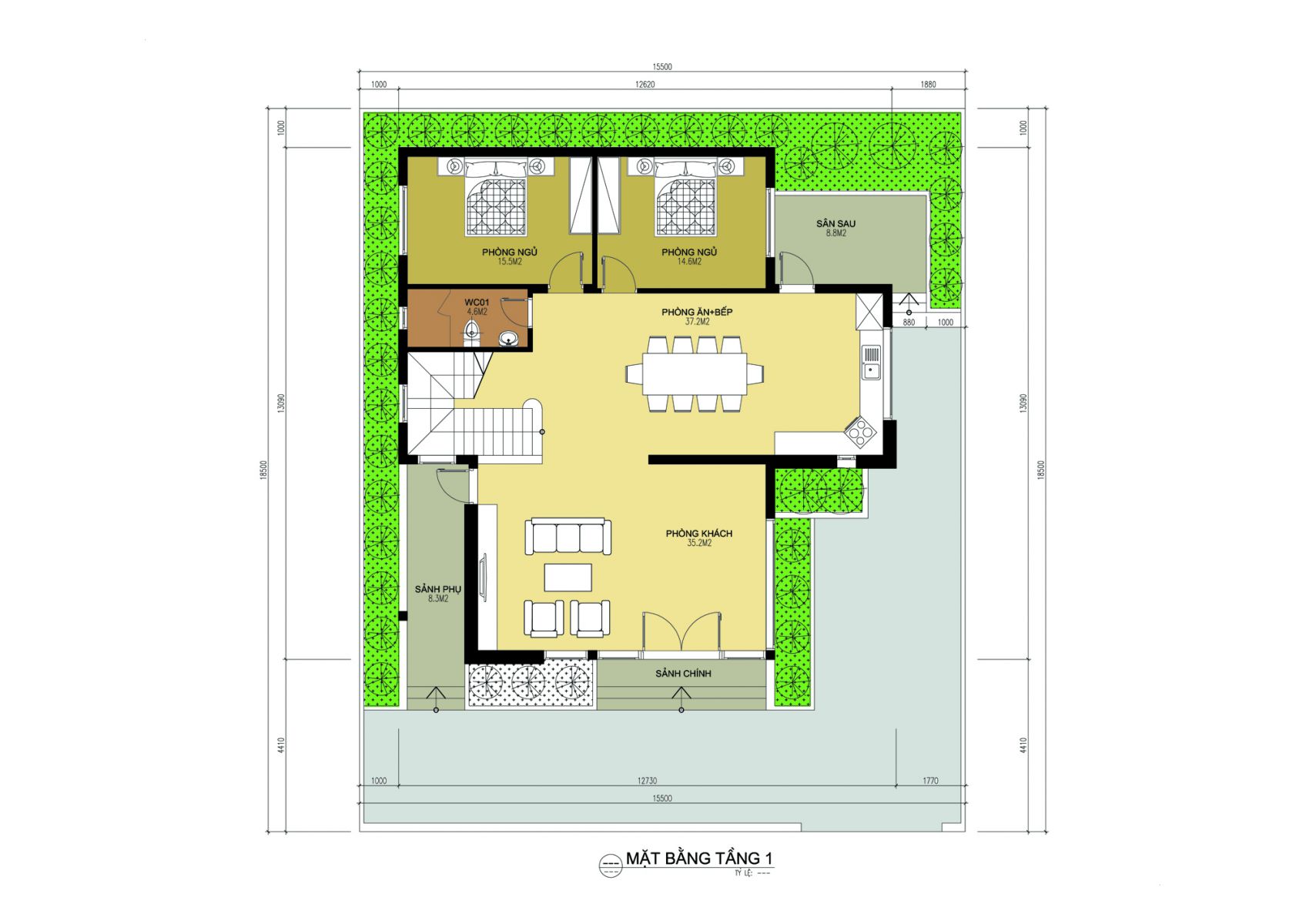 Bố trí mặt bằng tầng 1 nhà 2 tầng có 5 phòng ngủ đẹp