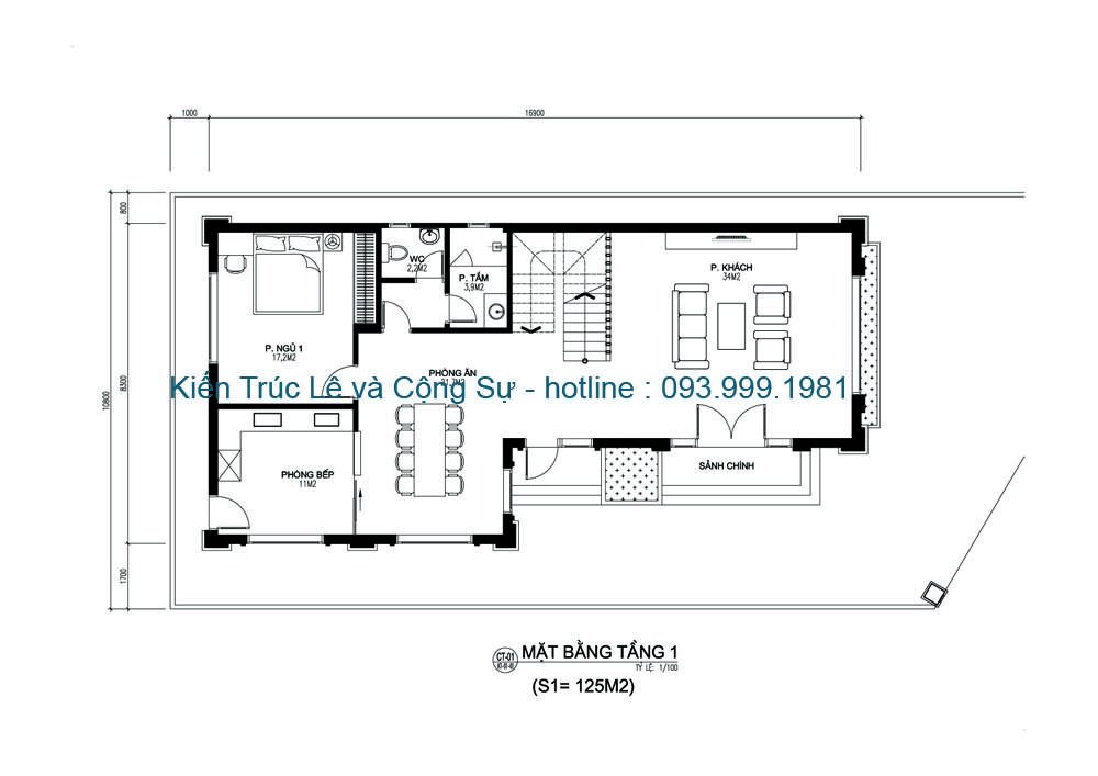 Mặt bằng tầng 1 nhà 2 tầng 125m2 mái thái