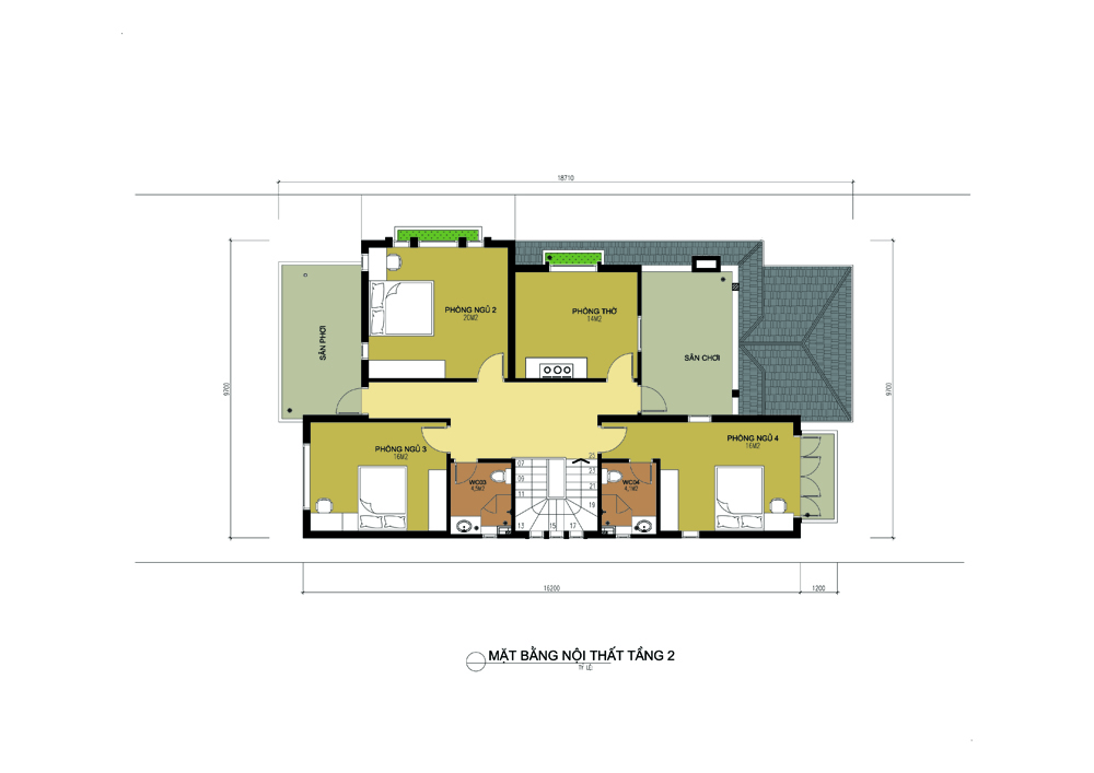 Mặt bằng tầng 2 biệt thự 2 tầng 120m2
