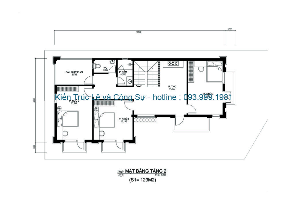 Mặt bằng tầng 2 nhà 2 tầng 125m2 mái thái