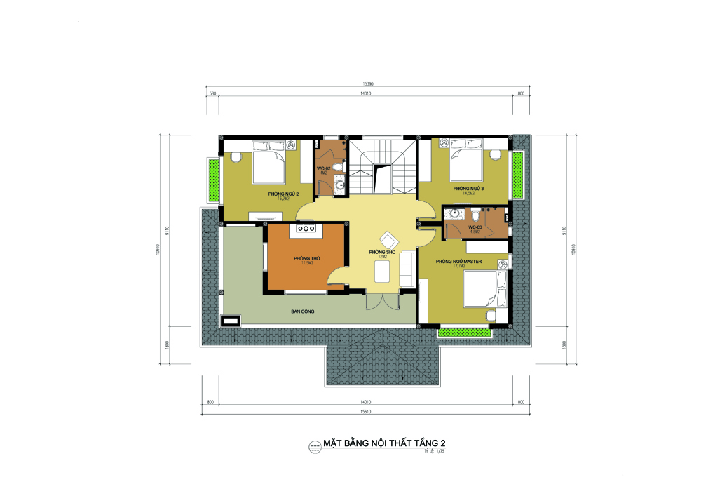 Mặt bằng tầng 2 nhà 2 tầng 9x14m đẹp