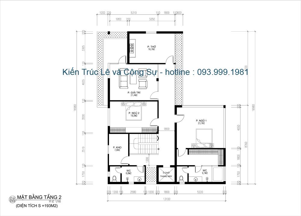 Bản vẽ bố trí công năng tầng 2 nhà 2 tầng mái bằng