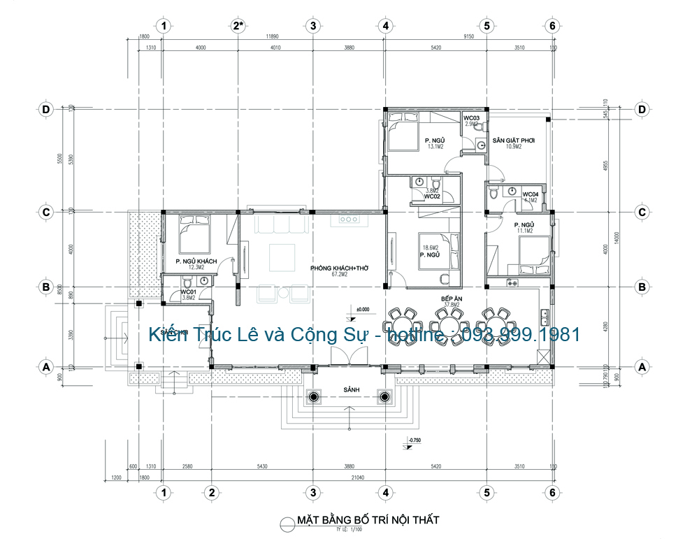 Mặt bằng nhà biệt thự 1 tầng bố trí 4 phòng ngủ đẹp