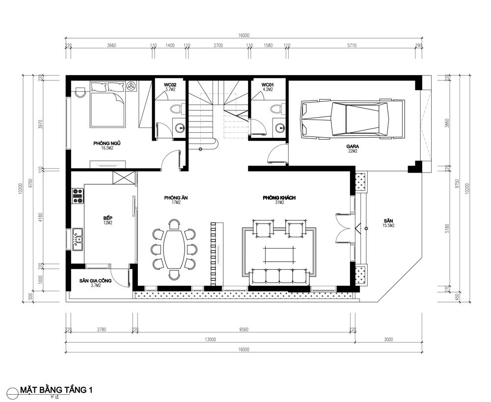 Mặt bằng tầng 1 nhà 3 tầng 140m2 mái lệch thái