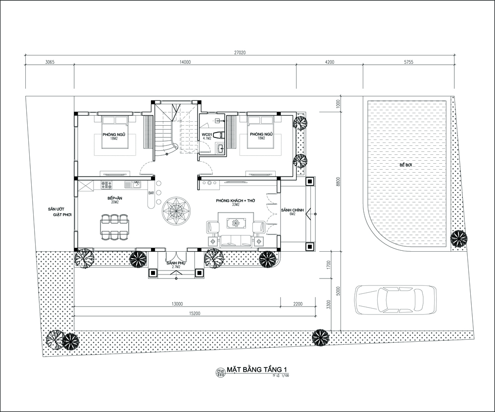 Mặt bằng tầng 1 nhà biệt thự 2 tầng 120m2