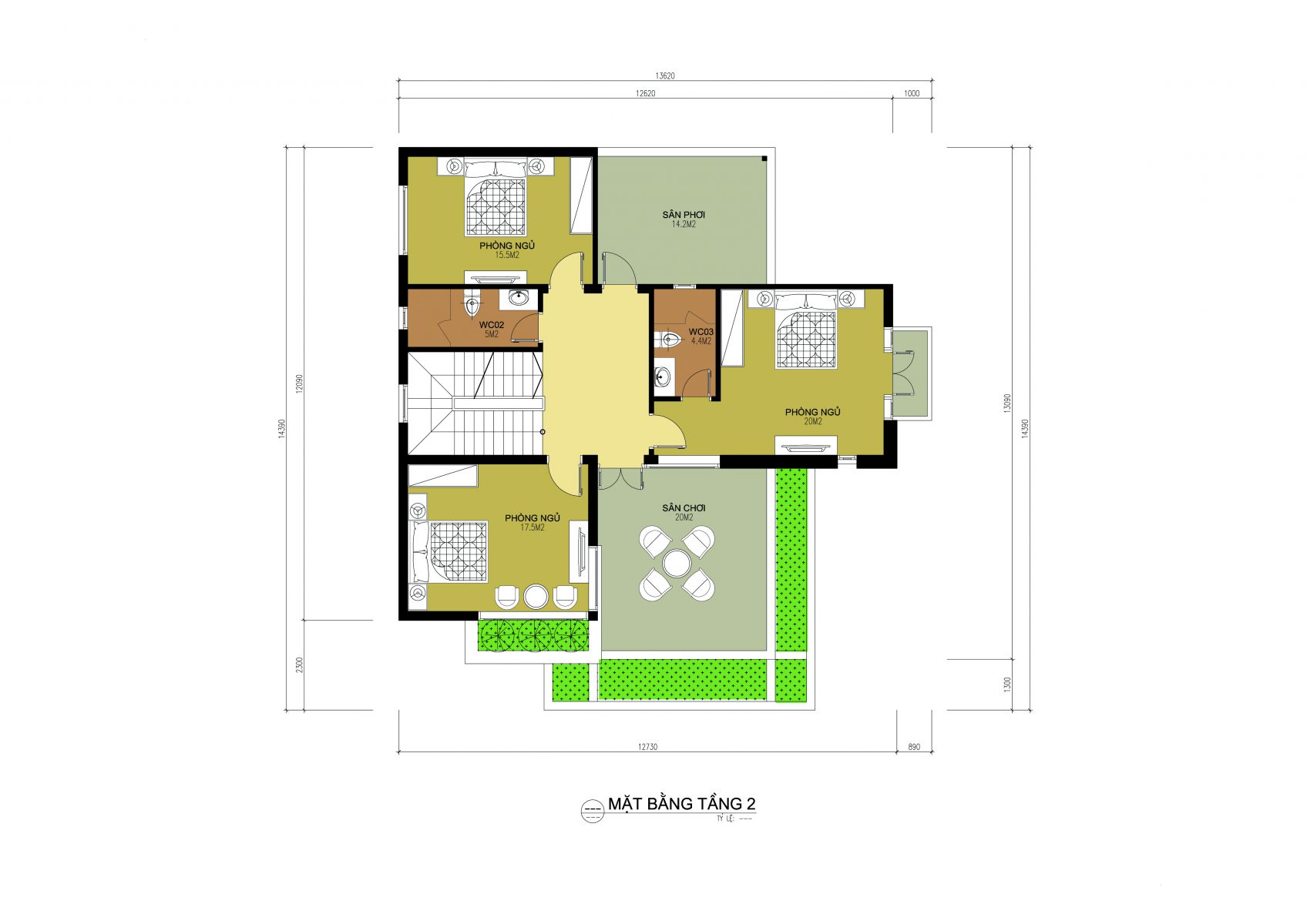 Mặt bằng tầng 2 nhà 2 tầng có 5 phòng ngủ đẹp