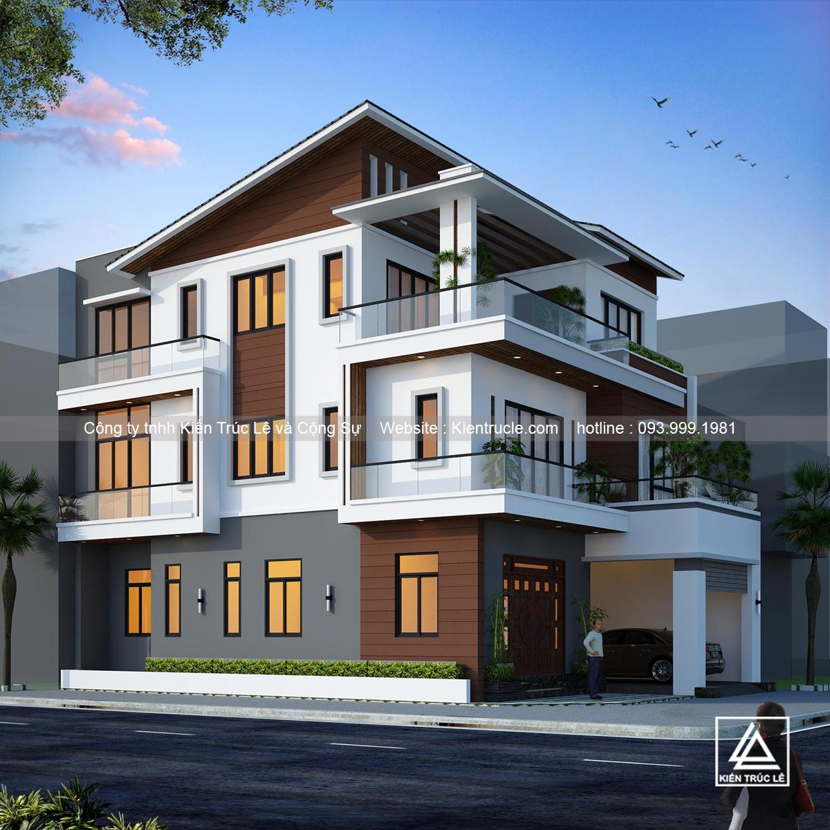 Mẫu biệt thự 3 tầng 140m2 mái lệch thái đẹp