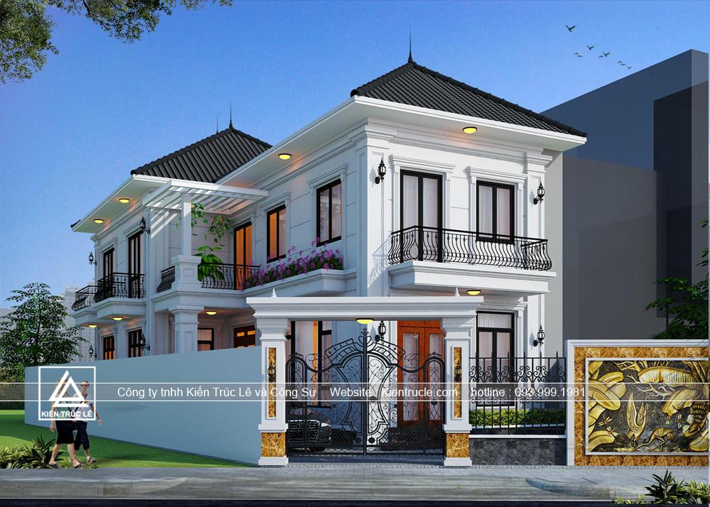 Mẫu nhà 2 tầng 2 mặt tiền mái thái