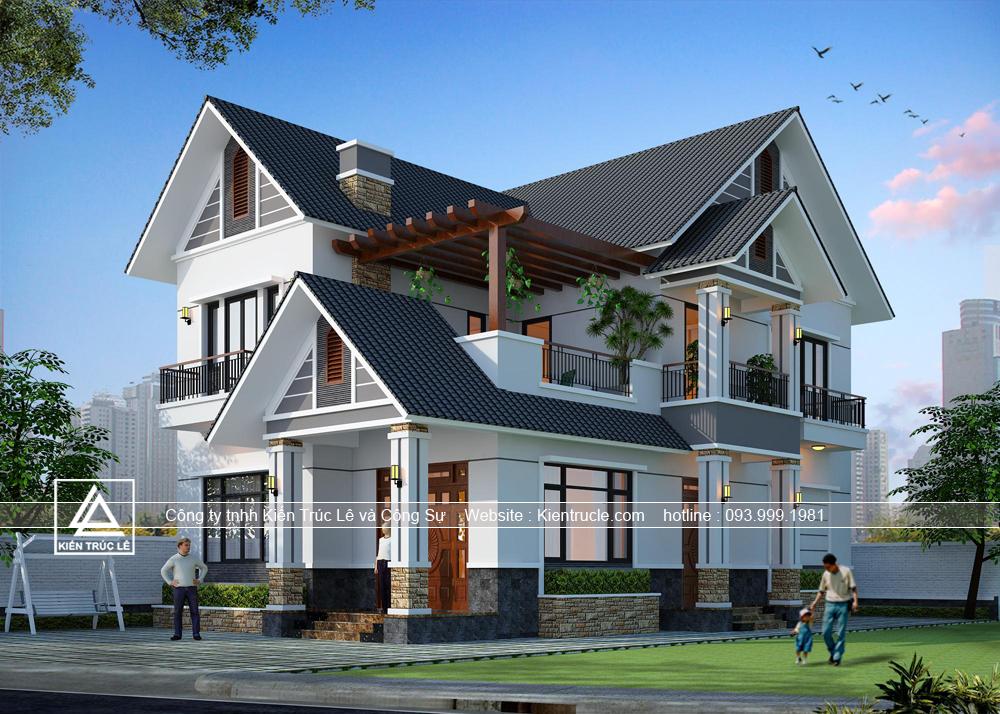 Mẫu nhà 2 tầng 9x15m mái thái