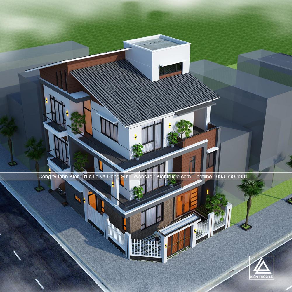 Mẫu nhà 3 tầng mái thái lệch hiện đại