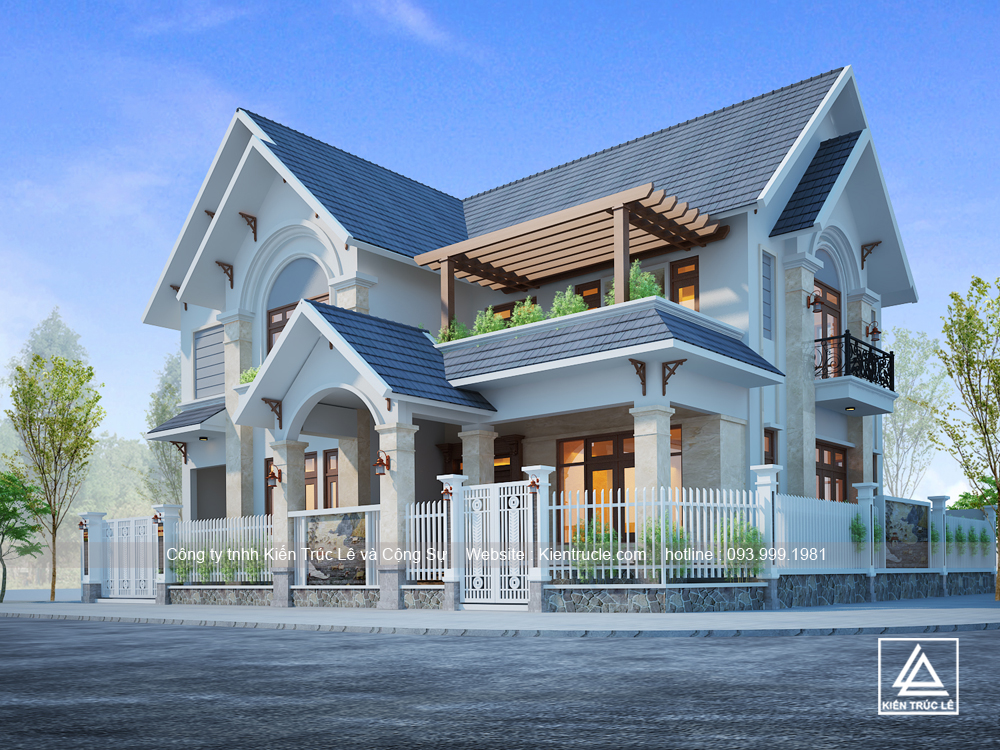 Mẫu nhà biệt thự 2 tầng 200m2 mái thái đẹp