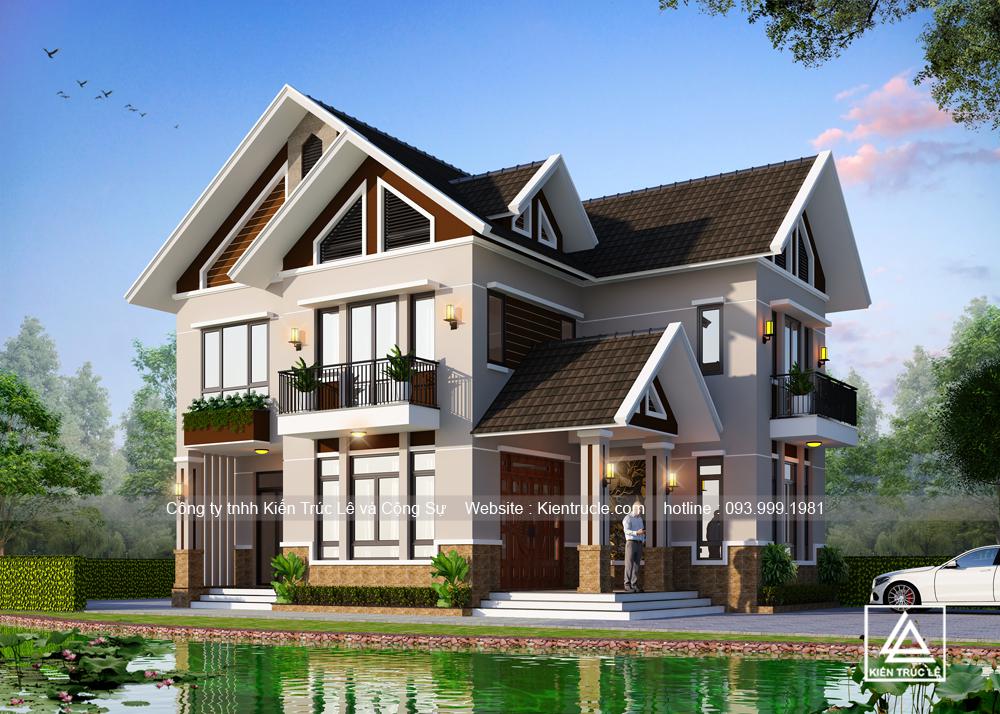 Mẫu nhà biệt thự 2 tầng 80m2 mái thái đẹp