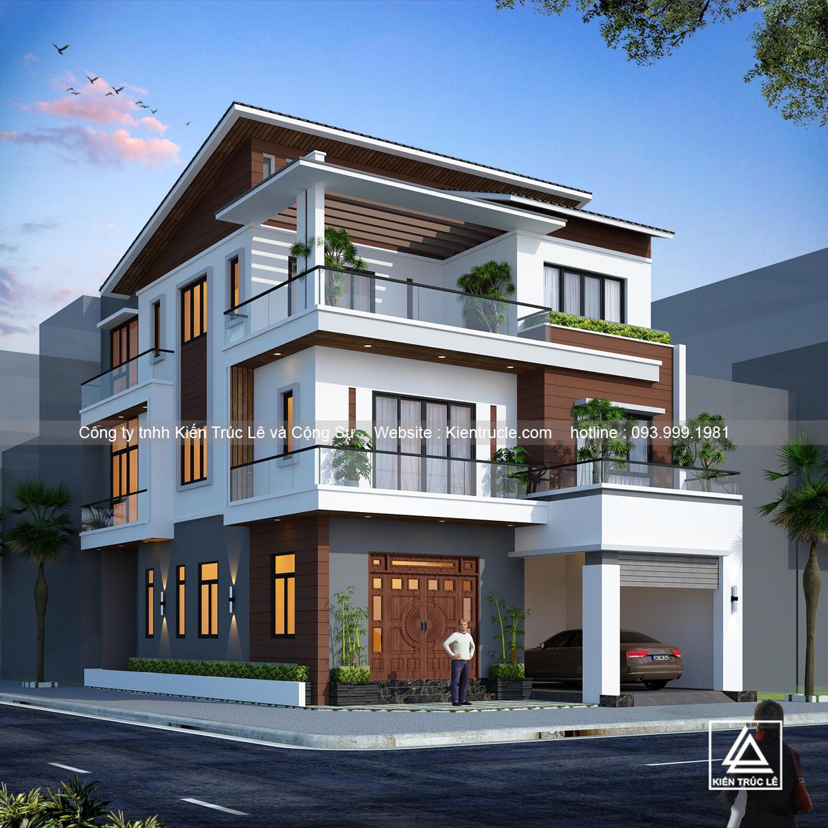 Mẫu nhà biệt thự 3 tầng 140m2 mái lệch thái đẹp nhất