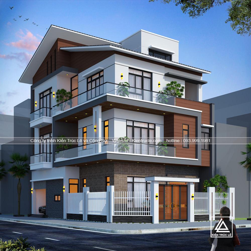 Mẫu nhà biệt thự 3 tầng mái thái lệch