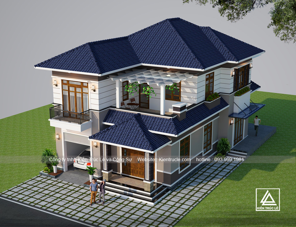 Mẫu thiết kế biệt thự 2 tầng 120m2 mái thái 4 phòng ngủ