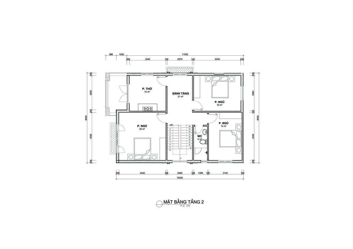 Mặt bằng tầng 2 nhà 2 tầng mái thái ở nông thôn