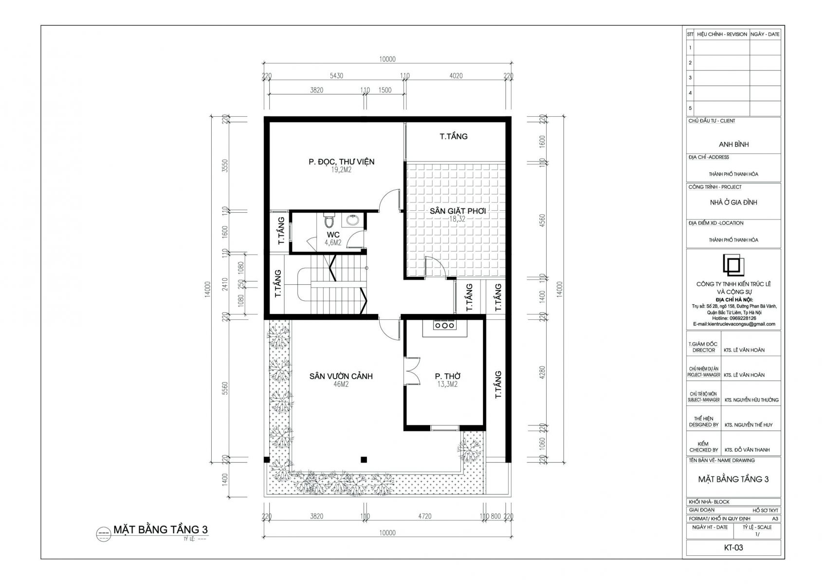 Mặt bằng tầng 3 nhà 3 tầng hiện đại