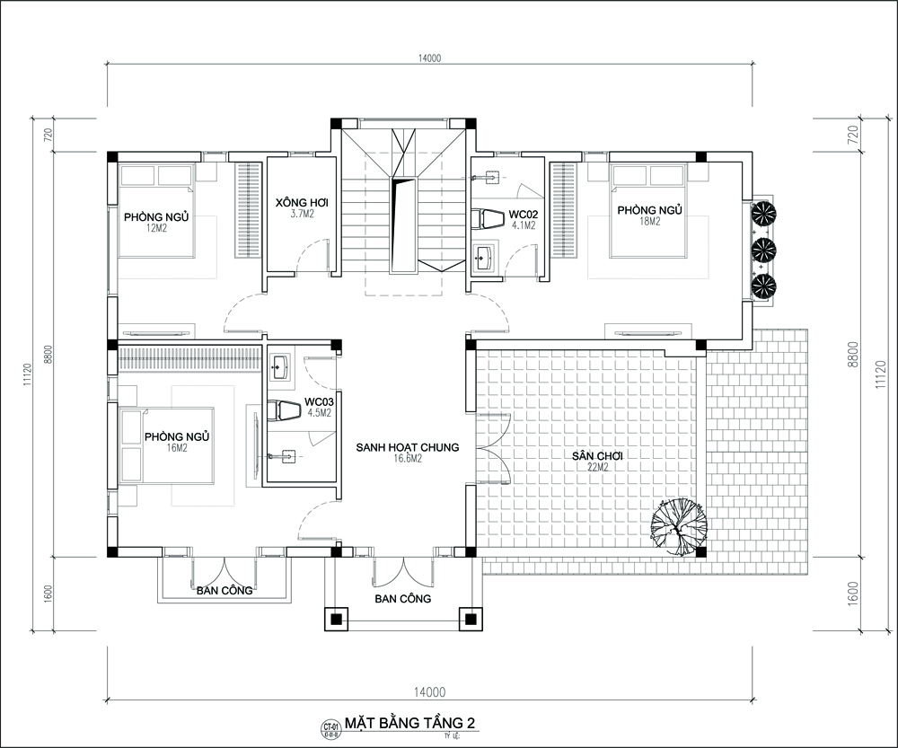 Mặt bằng tầng 2 của mẫu biệt thự 2 tầng 120m2