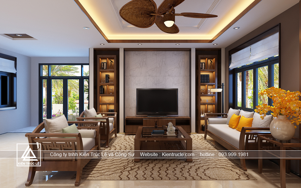 Mẫu phòng khách biệt thự 1 tầng mái thái đẹp