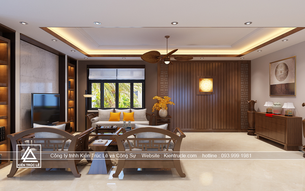 Phòng khách nhà biệt thự 1 tầng mái thái